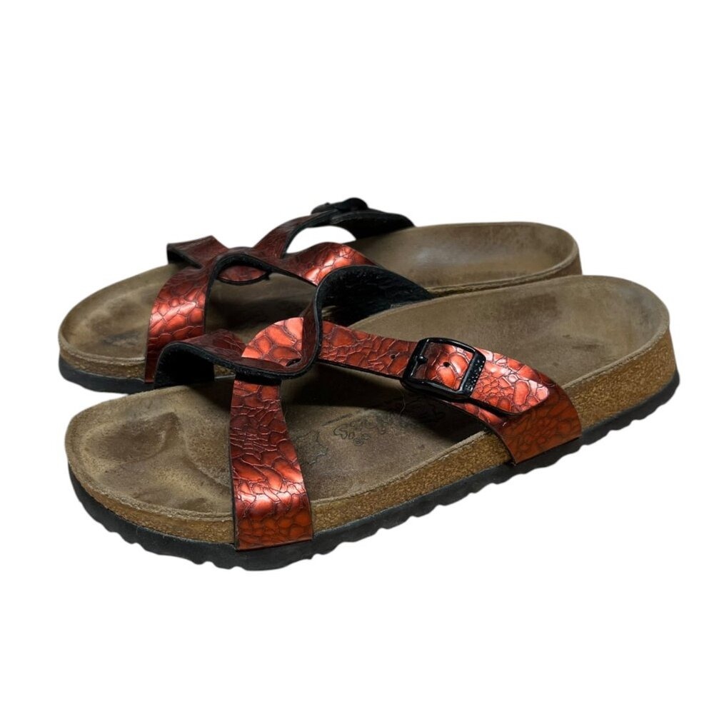 Birkenstock‎ Red Snakeskin Embossed Leather Sandals Buckle Strappy 6 - Picture 3 of 6
